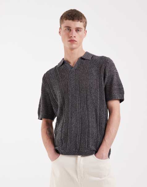 ASOS DESIGN relaxed short sleeve knitted crochet notch neck polo in charcoal - view 1