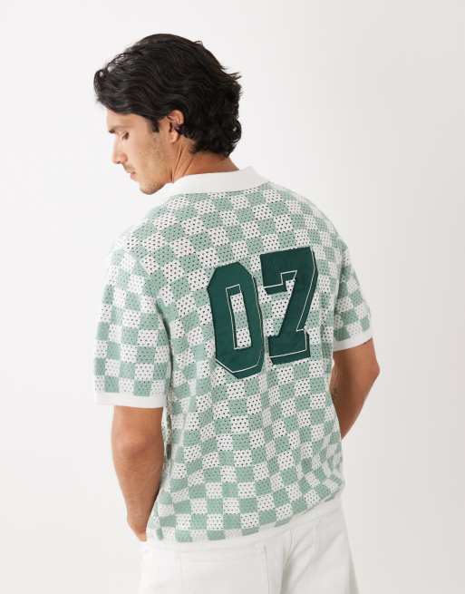 ASOS DESIGN relaxed short sleeve knitted notch neck polo with 07 graphic in green and ecru checker print, 3 of 5