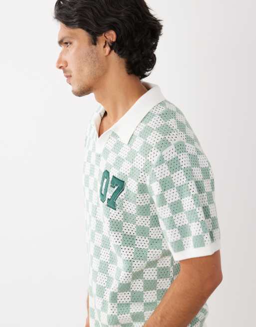 ASOS DESIGN relaxed short sleeve knitted notch neck polo with 07 graphic in green and ecru checker print, 4 of 5