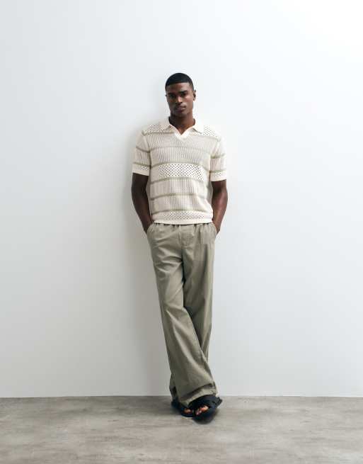 ASOS DESIGN relaxed short sleeve knitted textured stripe polo in sage and ecru, 3 of 5