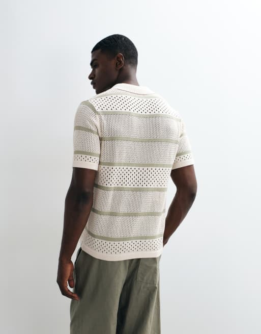 ASOS DESIGN relaxed short sleeve knitted textured stripe polo in sage and ecru, 4 of 5