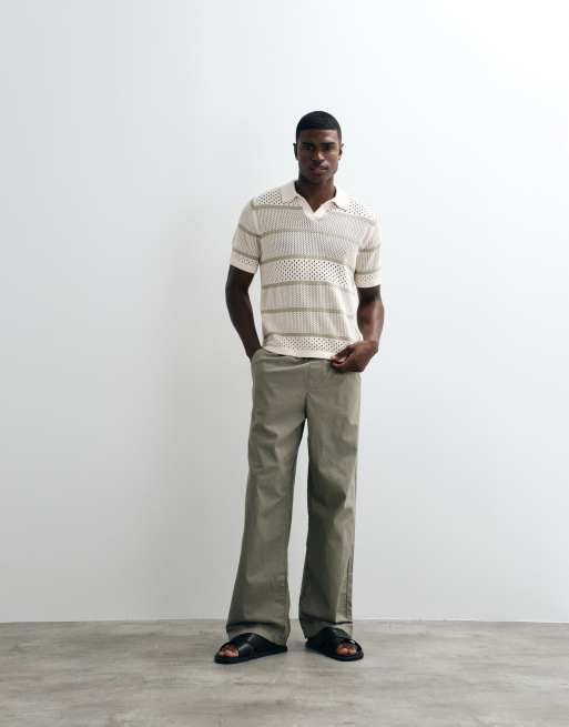 ASOS DESIGN relaxed short sleeve knitted textured stripe polo in sage and ecru, 5 of 5