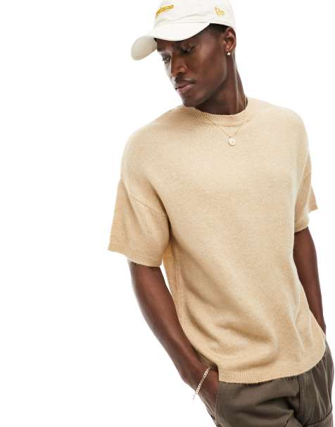 ASOS DESIGN relaxed short sleeve lightweight fluffy knitted t-shirt in oatmeal - view 1