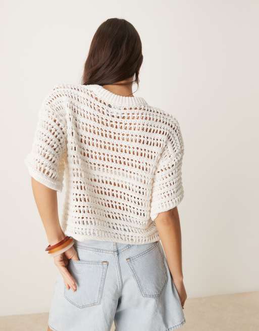 ASOS DESIGN relaxed short sleeve mock crochet stitch t-shirt in cream, 3 of 4