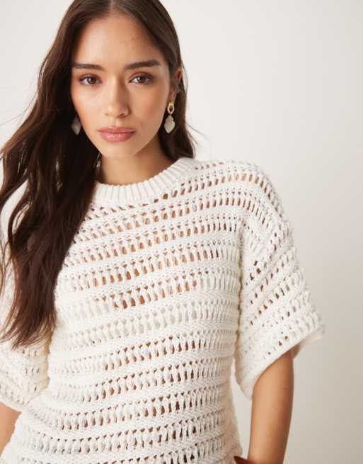 ASOS DESIGN relaxed short sleeve t-shirt in mock crochet stitch in cream