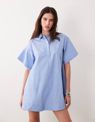 Asos Design Relaxed Short Sleeve Poplin Mini Dress In Blue