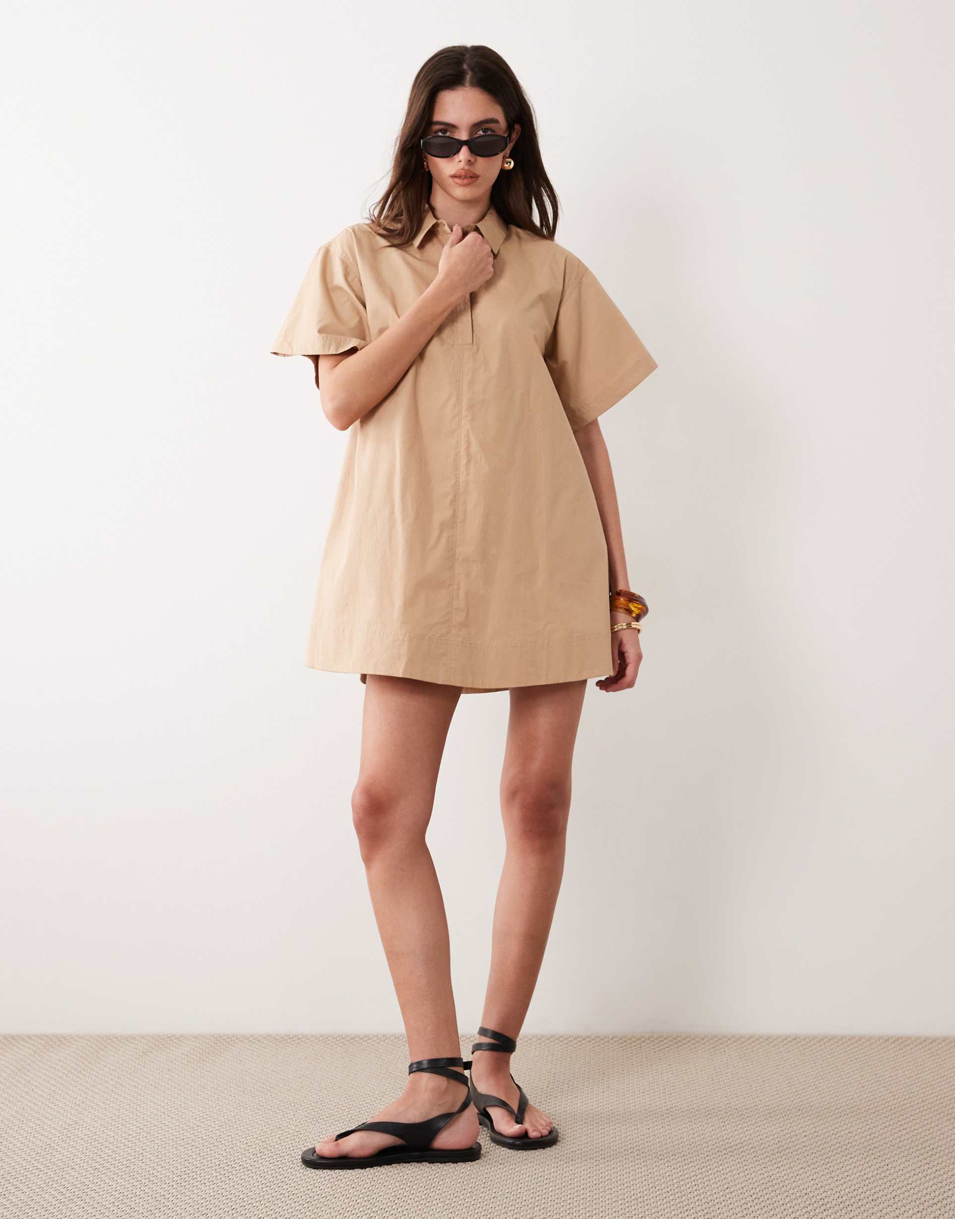 asos design relaxed short sleeve poplin mini dress in tan