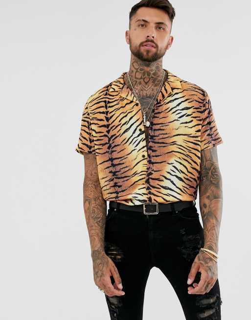 ASOS DESIGN relaxed short sleeve shirt in tiger print with revere collar