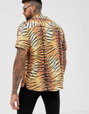 ASOS DESIGN relaxed short sleeve shirt in tiger print with revere