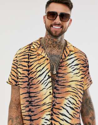 ASOS DESIGN relaxed short sleeve shirt in tiger print with revere