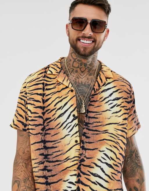 ASOS DESIGN relaxed short sleeve shirt in tiger print with revere