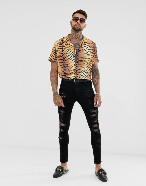 ASOS DESIGN relaxed short sleeve shirt in tiger print with revere