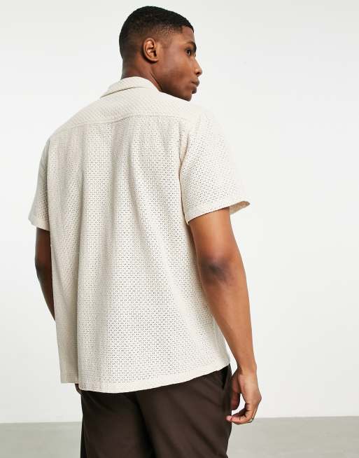 ASOS DESIGN relaxed short sleeve shirt with natural crochet lace in beige