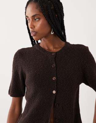 Asos Design Relaxed Short Sleeve Slubby Cardigan In Brown