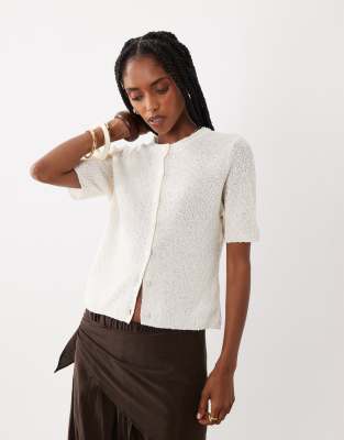 Asos Design Relaxed Short Sleeve Slubby Cardigan In White