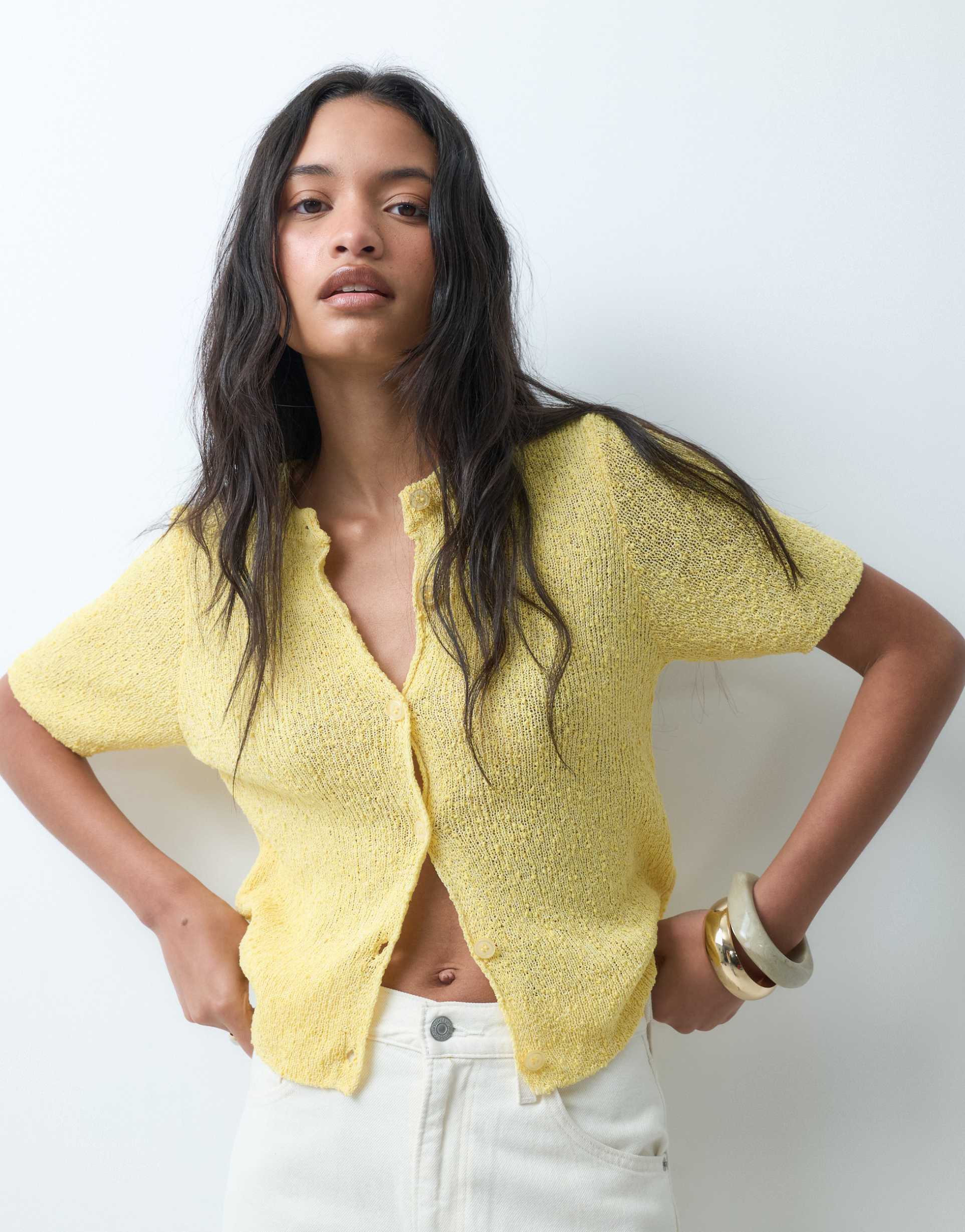 asos design relaxed short sleeve slubby cardigan in yellow
