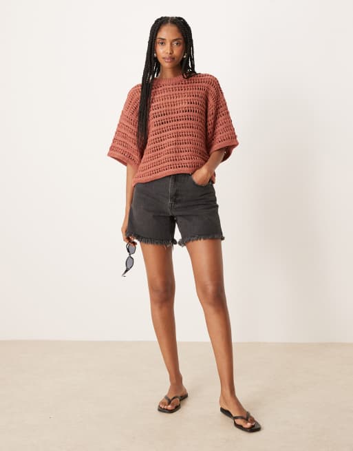 ASOS DESIGN relaxed short sleeve T-shirt in mock crochet stitch in rust, 2 of 4