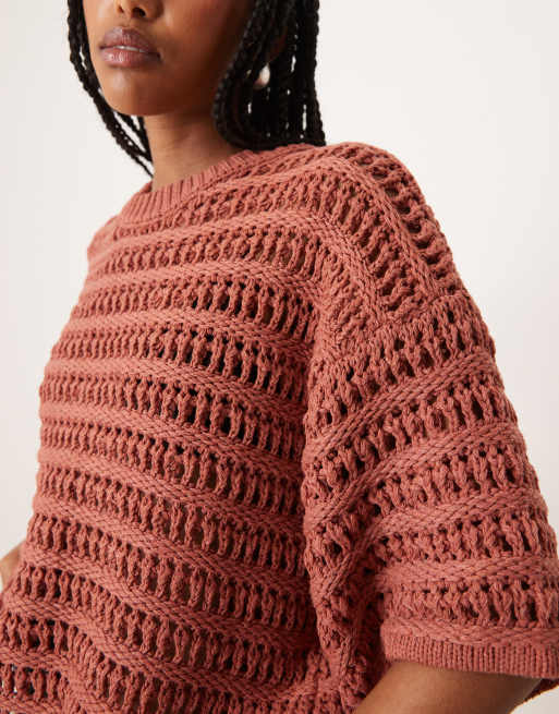 ASOS DESIGN relaxed short sleeve T-shirt in mock crochet stitch in rust, 3 of 4