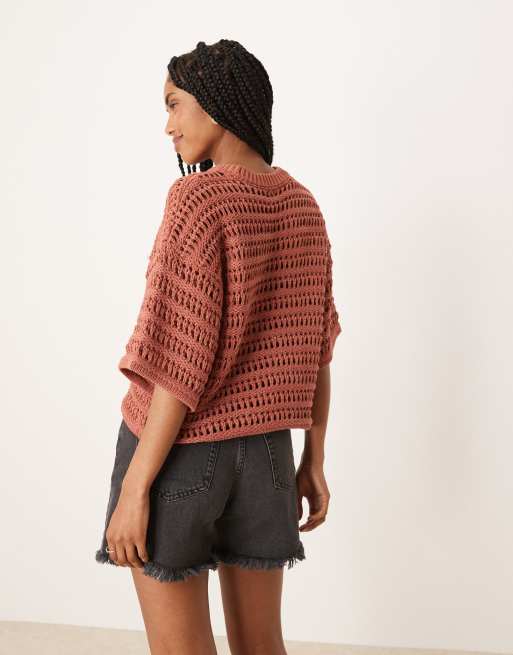 ASOS DESIGN relaxed short sleeve T-shirt in mock crochet stitch in rust, 4 of 4