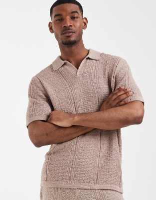 Asos Design Relaxed Short Sleeve Textured Knit Notch Neck Polo Shirt In Pink