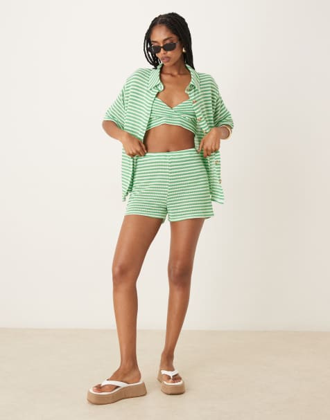 ASOS DESIGN relaxed shorts in knit green and white stripes - part of a set - view 1