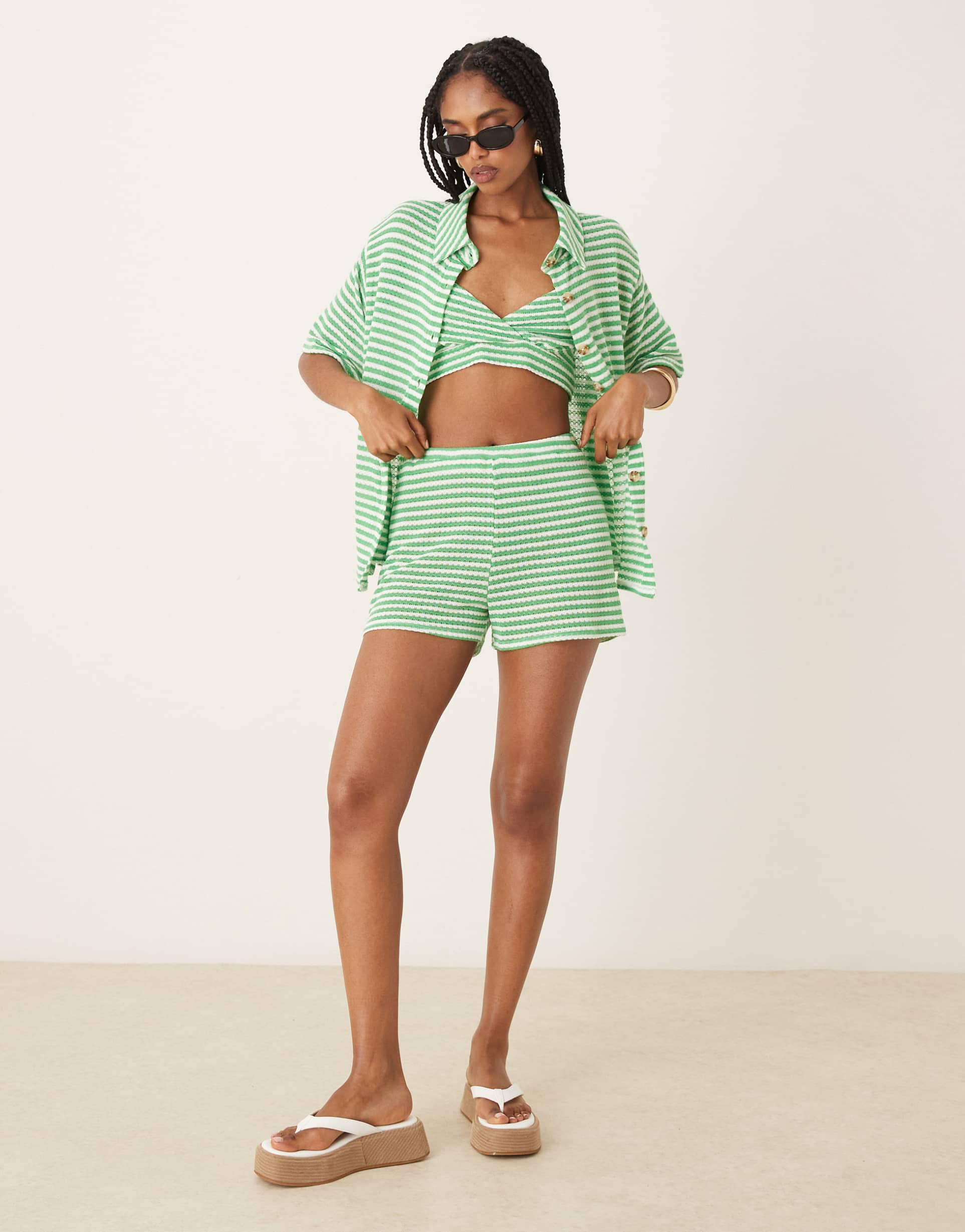 asos design relaxed shorts in knit green and white stripes - part of a set