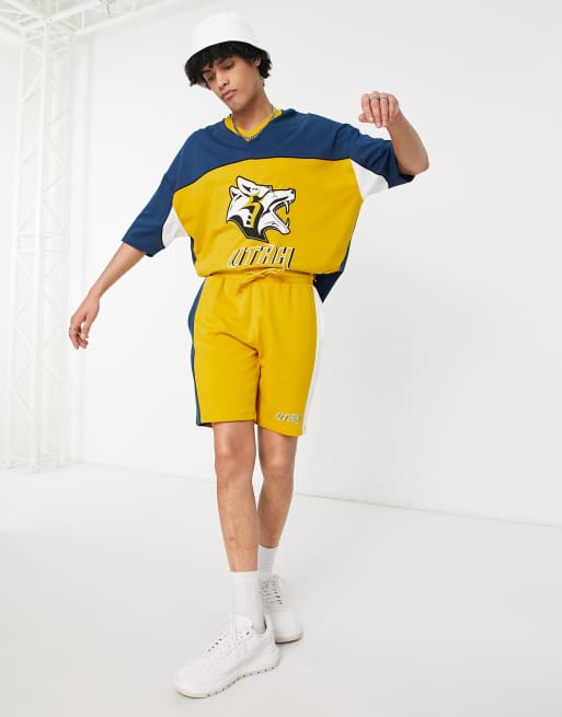 ASOS DESIGN relaxed shorts in yellow colour block (part of a set)