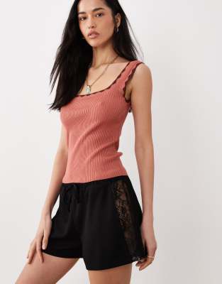 Asos Design Relaxed Shorts With Lace Side Panels In Black