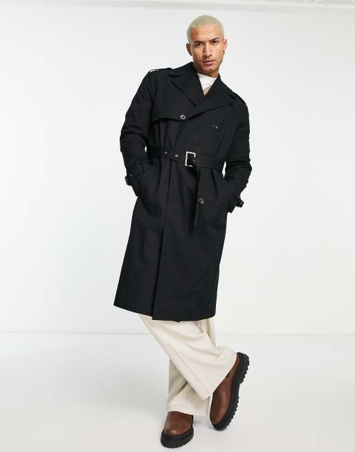 Black belted double-breasted trench coat