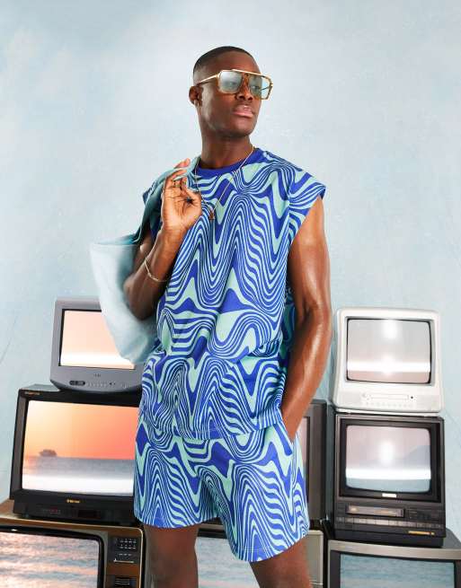 ASOS DESIGN relaxed singlet in all over blue wave print (part of a set)