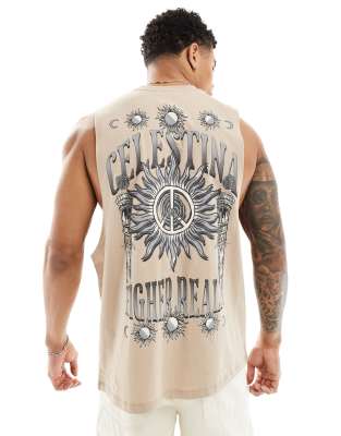 ASOS DESIGN relaxed singlet in beige with celestial back print