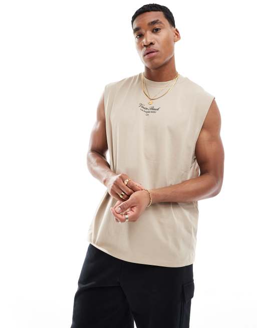ASOS DESIGN relaxed singlet in beige with text chest print