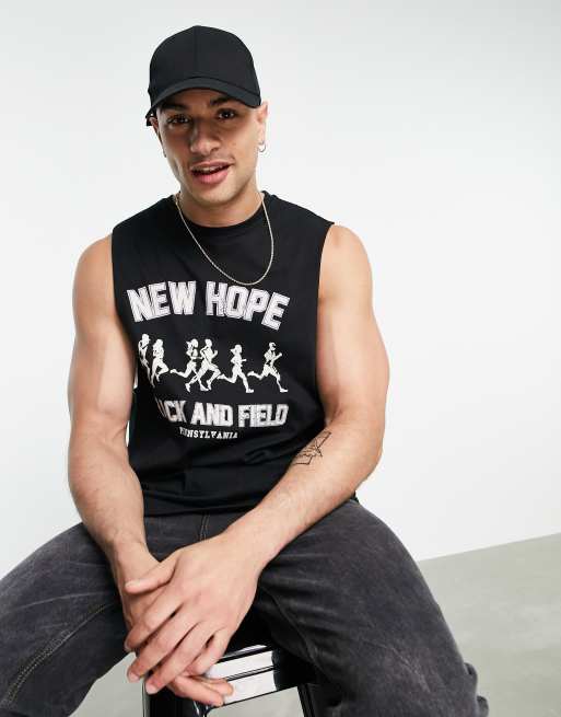 ASOS DESIGN relaxed singlet in black with athletics print