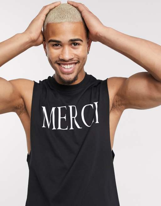 ASOS DESIGN relaxed singlet in black with 'merci' print