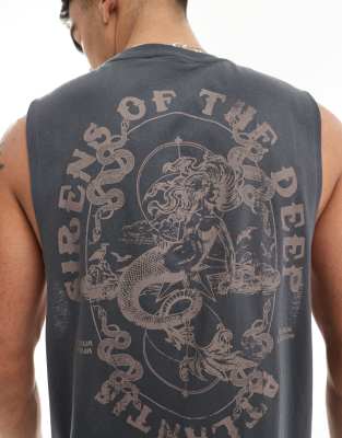 ASOS DESIGN relaxed singlet in dark grey with Atlantis back print