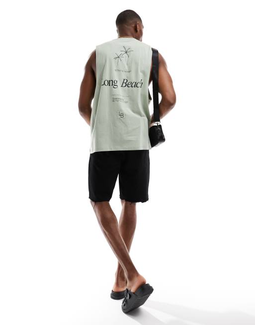 ASOS DESIGN relaxed singlet in green with text back print
