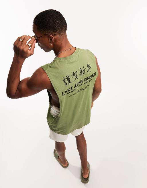 ASOS DESIGN relaxed singlet in khaki with text back print