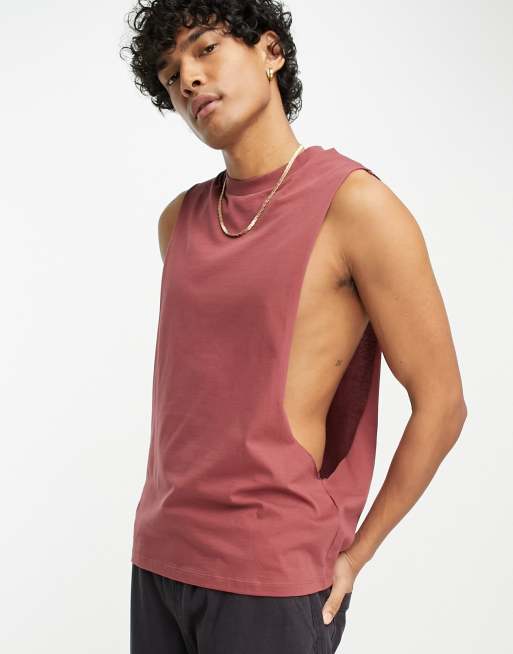 ASOS DESIGN relaxed singlet with dropped armhole in dark red 
