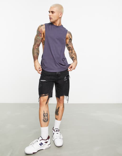 ASOS DESIGN relaxed singlet with dropped armhole in washed charcoal