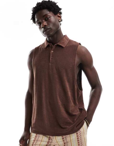ASOS DESIGN relaxed singlet with polo neck in brown towelling - view 1