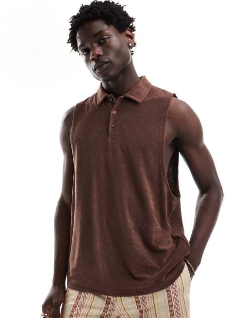 ASOS DESIGN relaxed singlet with polo neck in brown towelling