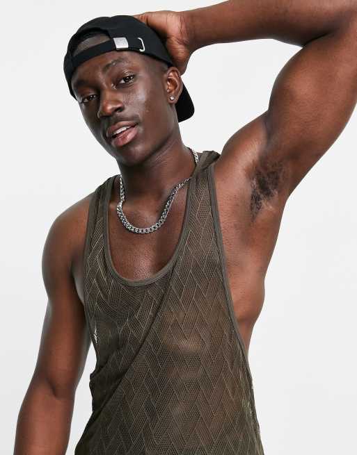 ASOS DESIGN relaxed singlet with racer back in khaki chevron lace