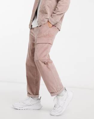 Asos Design Relaxed Skater Fit Cargo Pants In Corduroy-pink