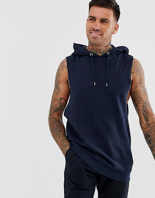 ASOS DESIGN relaxed sleeveless hoodie with dropped armhole in navy | ASOS