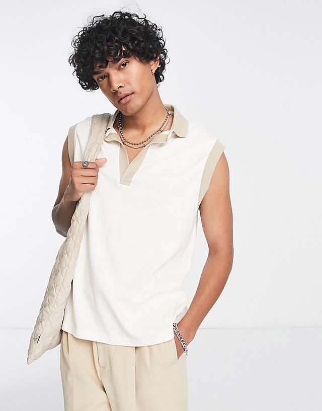 ASOS DESIGN - relaxed sleeveless polo in cream with rib beige trims