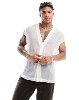 ASOS DESIGN relaxed sleeveless sheer shirt with embellish buttons in white