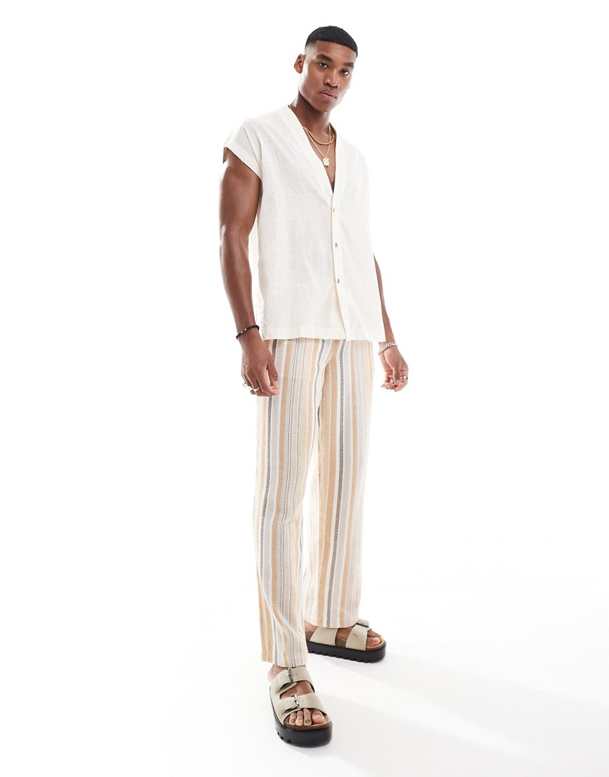 ASOS DESIGN relaxed sleeveless smart linen shirt in beige-Neutral