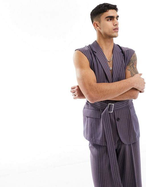 ASOS DESIGN relaxed sleeveless suit jacket in purple stripe | ASOS