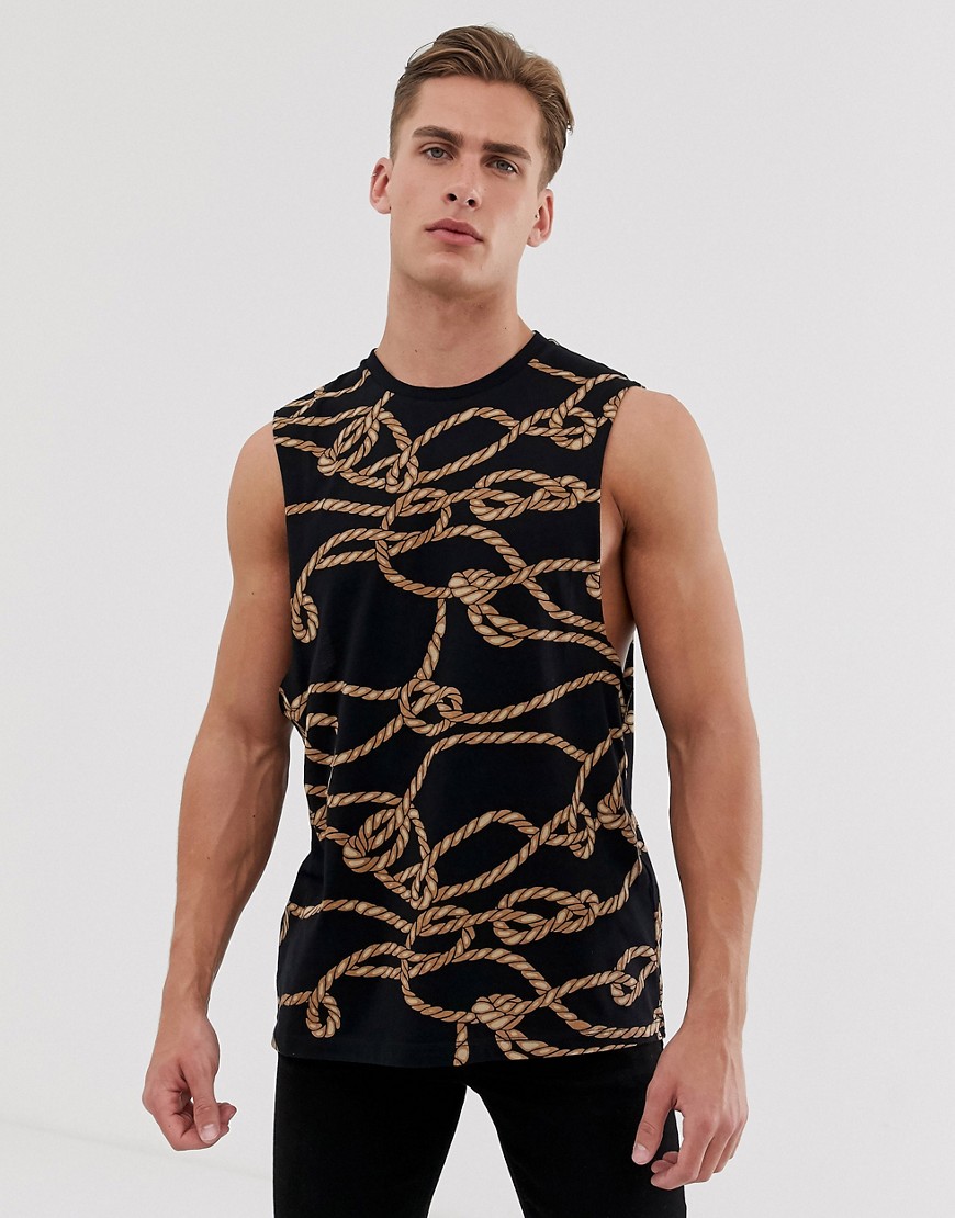 ASOS DESIGN relaxed sleeveless t-shirt with all over rope print-Black