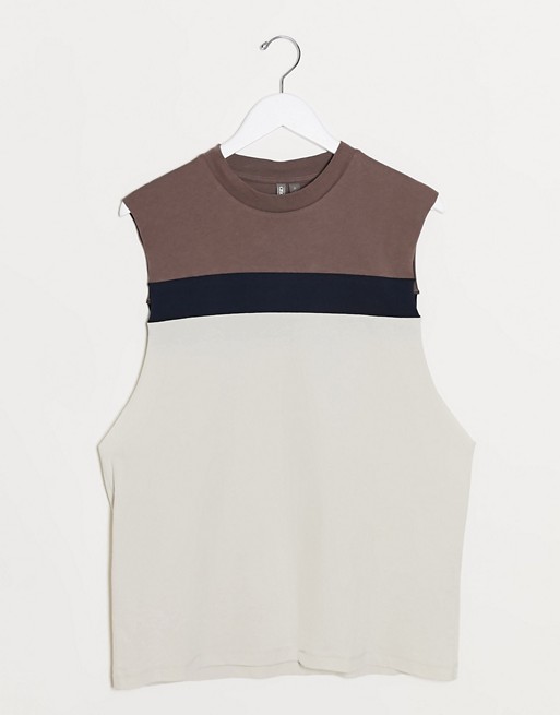 ASOS DESIGN relaxed sleeveless t-shirt with dropped armhole and colour block panels
